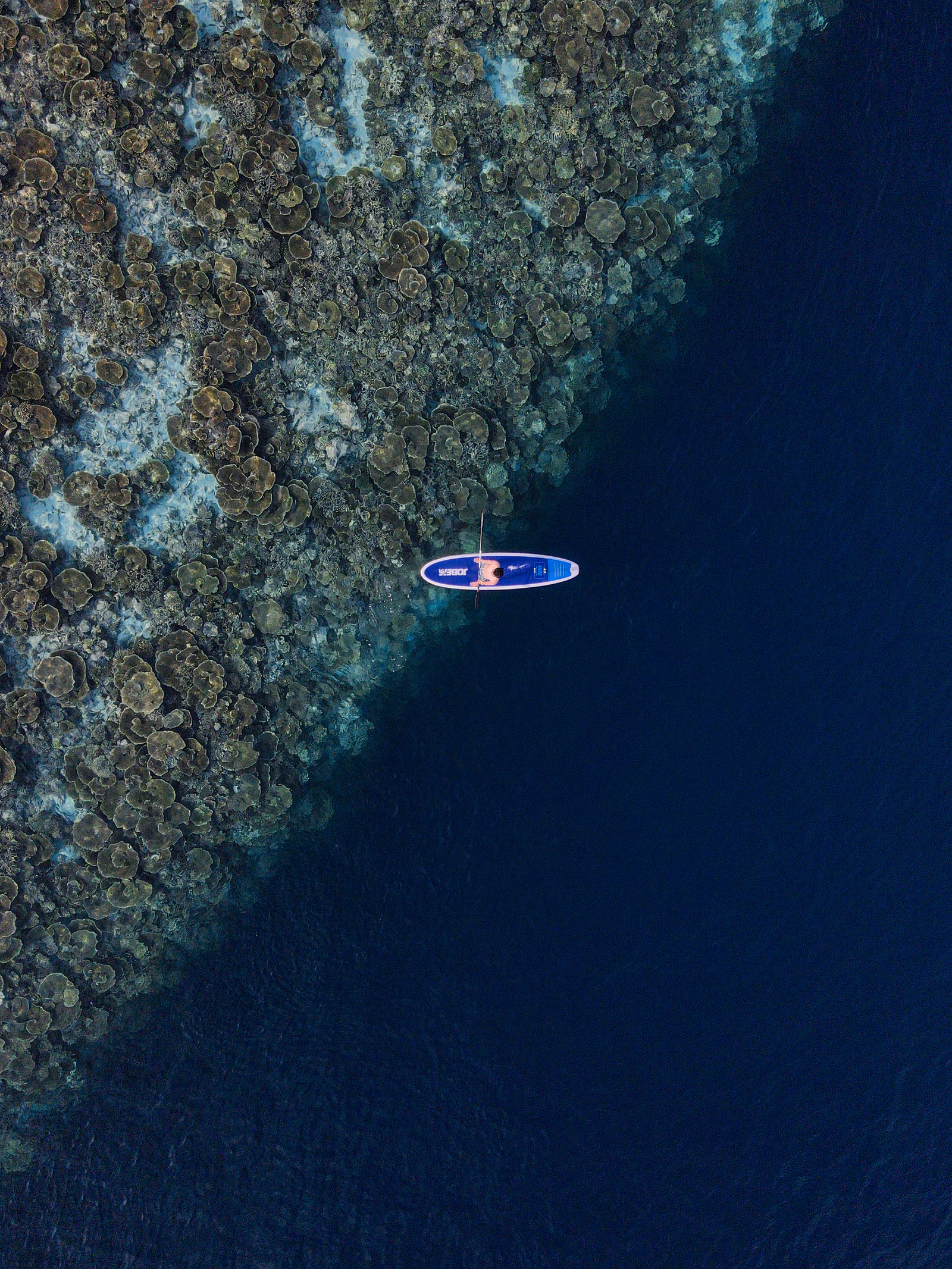 A paddleboarder above deep water and coral reef in the Maldives