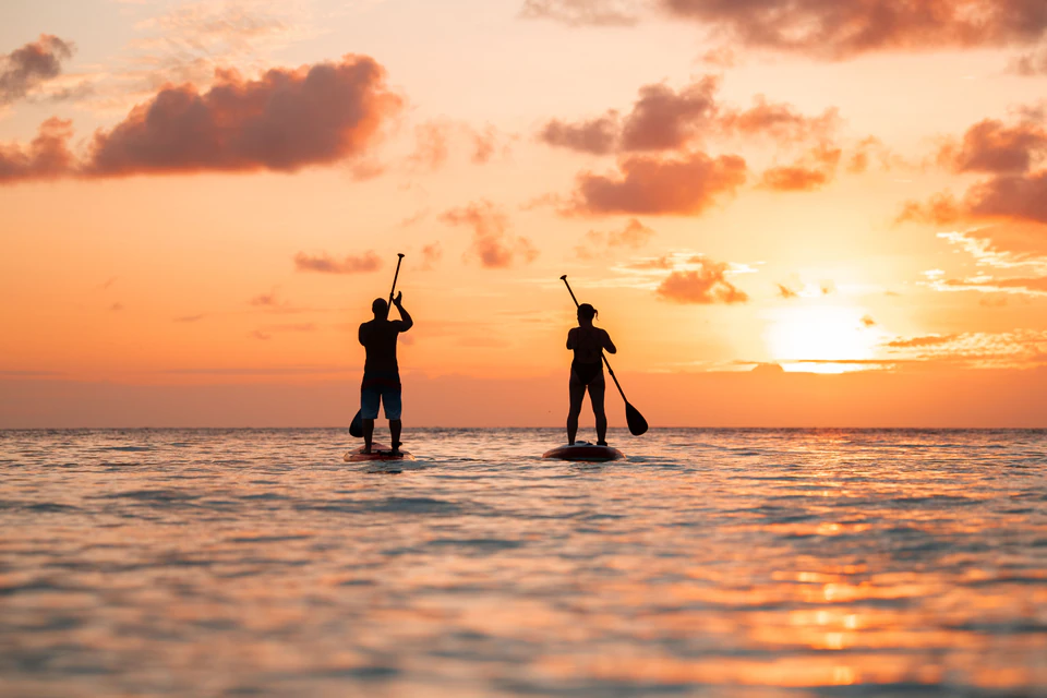 Two paddleboarders raising their paddles at sunset