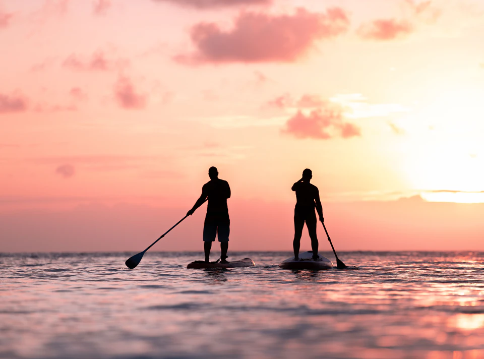 Two paddleboarders on calm water beneath a pink sunset