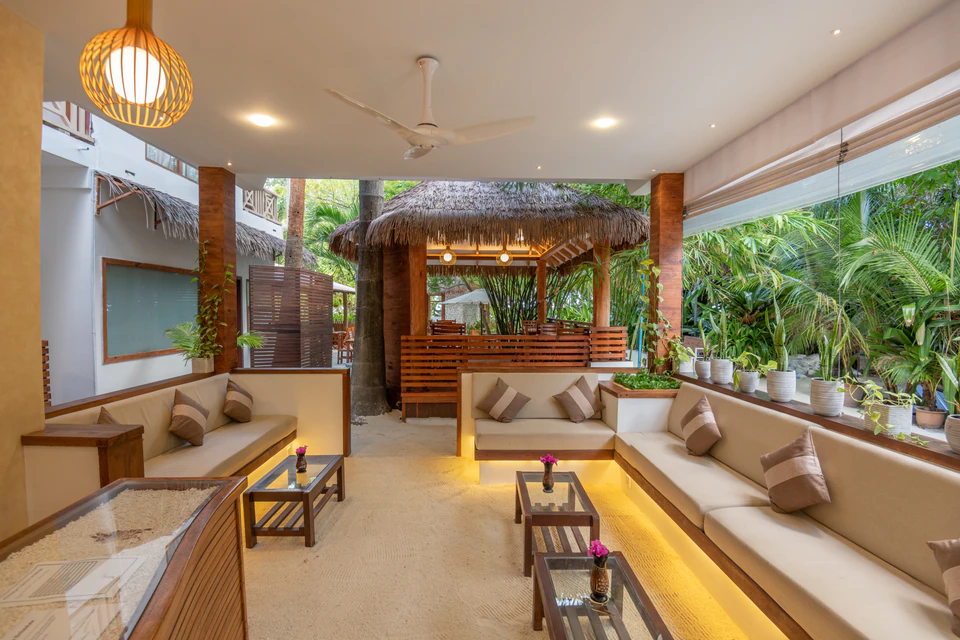 Wide interior view of the lobby lounge and reception desk