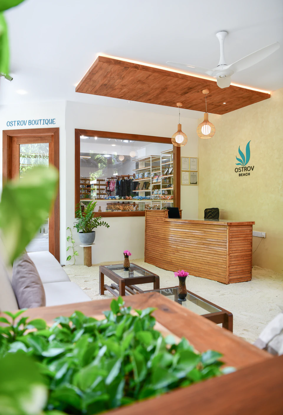 Reception desk and boutique entrance framed by foreground greenery