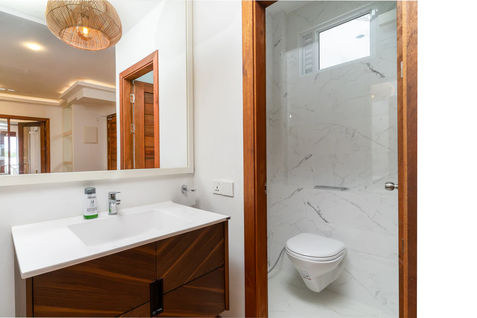 Bathroom vanity, mirror, and wall-mounted toilet