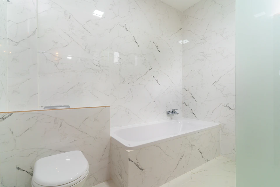 Side view of the bathtub and toilet behind a glass partition