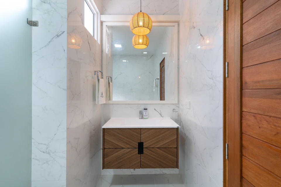 Marble-look bathroom vanity and mirror